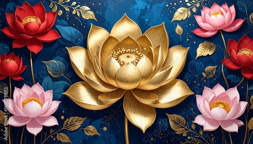 Golden lotus blossoms, decorative floral arrangement