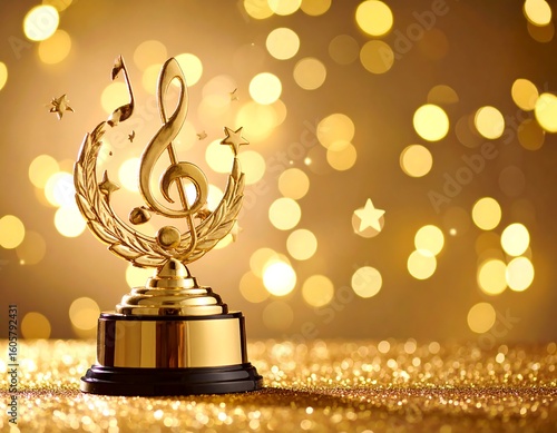 Golden music award trophy on glittery background