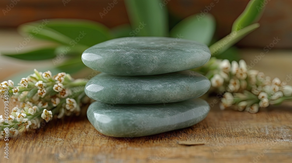 Fototapeta premium Zen Balance: Serene Stack of Polished Stones with Delicate Floral Accents Imagery
