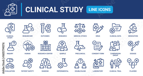 Clinical Study line icon set. Research, clinical trial, laboratory, researcher, consent form, medication, experimental, analysis, clinical data and more. Outline vector icons collection.