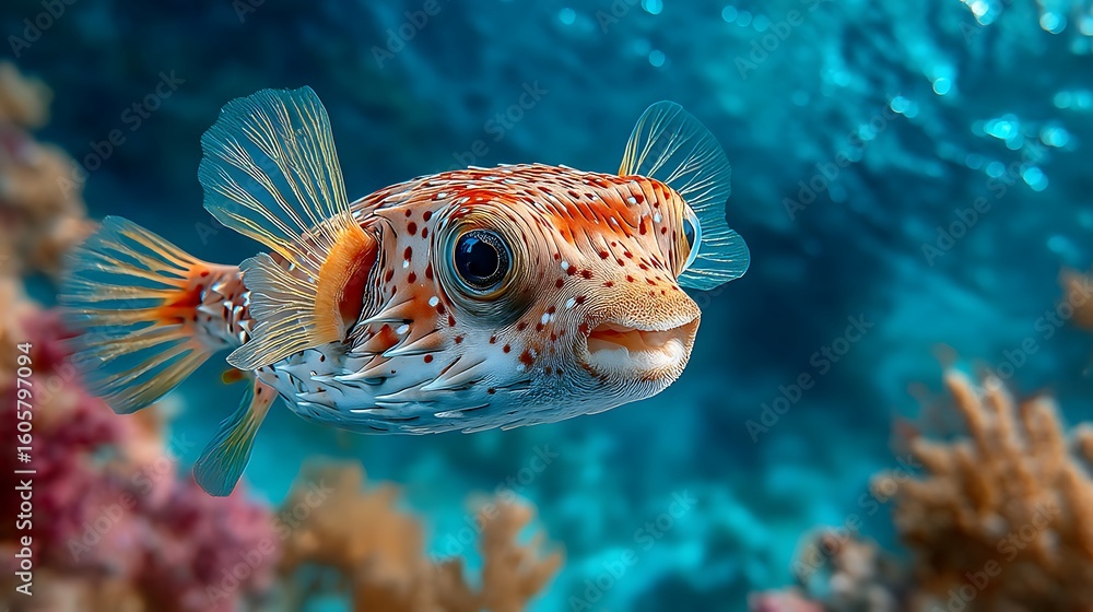 Fototapeta premium Adorable pufferfish swimming gracefully in pristine ocean water with vibrant coral reefs nearby