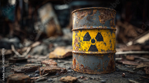Rusted nuclear waste barrel with a yellow and black radiation hazard symbol on it. The background is dark, with debris scattered around the barrel.