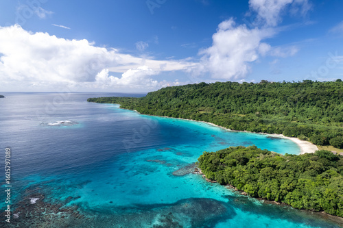 Explore the stunning coastline of Champagne Beach in Espiritu Santo, Vanuatu, with vibrant turquoise waters and lush greenery