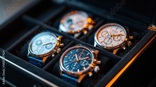 Four luxury watches in a display case.  Close-up view of the faces and bands