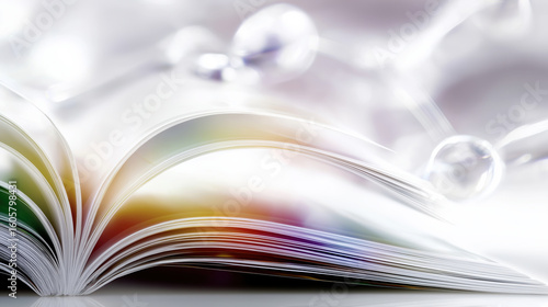 Open book displaying colorful pages with a scientific background during daylight