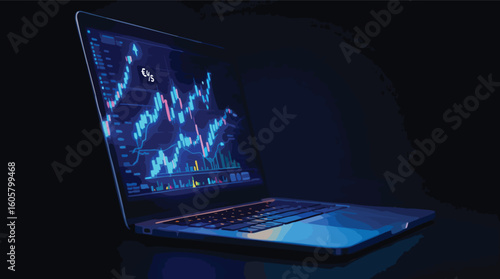 Laptop displaying financial market charts with candlestick patterns and trading data analytics.