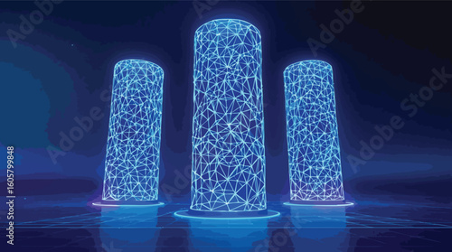 Three futuristic digital pillars glowing with connected lines on a dark blue background.