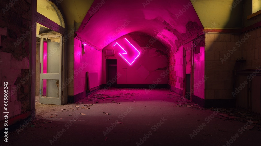 Fototapeta premium Abandoned building interior with neon light installation.