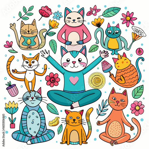 set of funny animals - vector doodle of cats doing yoga poses