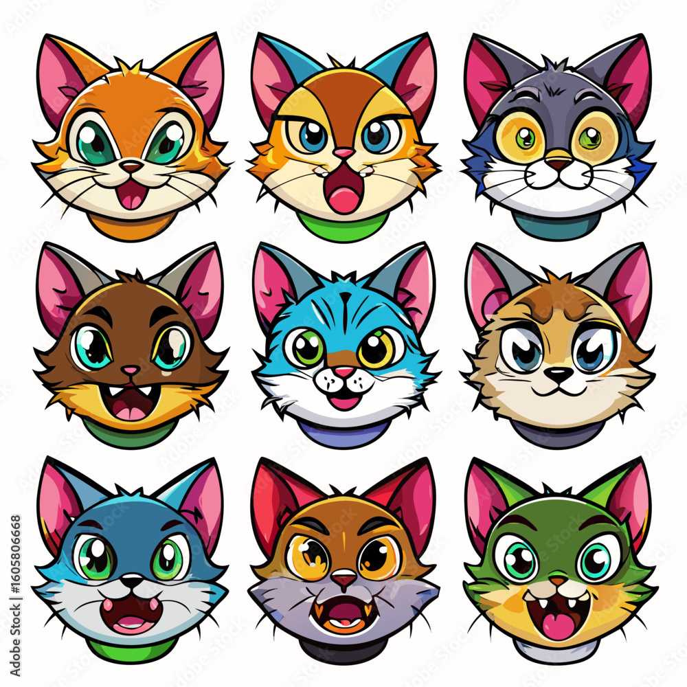 Fototapeta premium set of cats - vector icon set of 9 different cat expressions