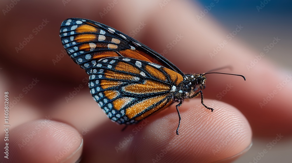 Fototapeta premium Close Up Of A Multicolored Butterfly On A Finger