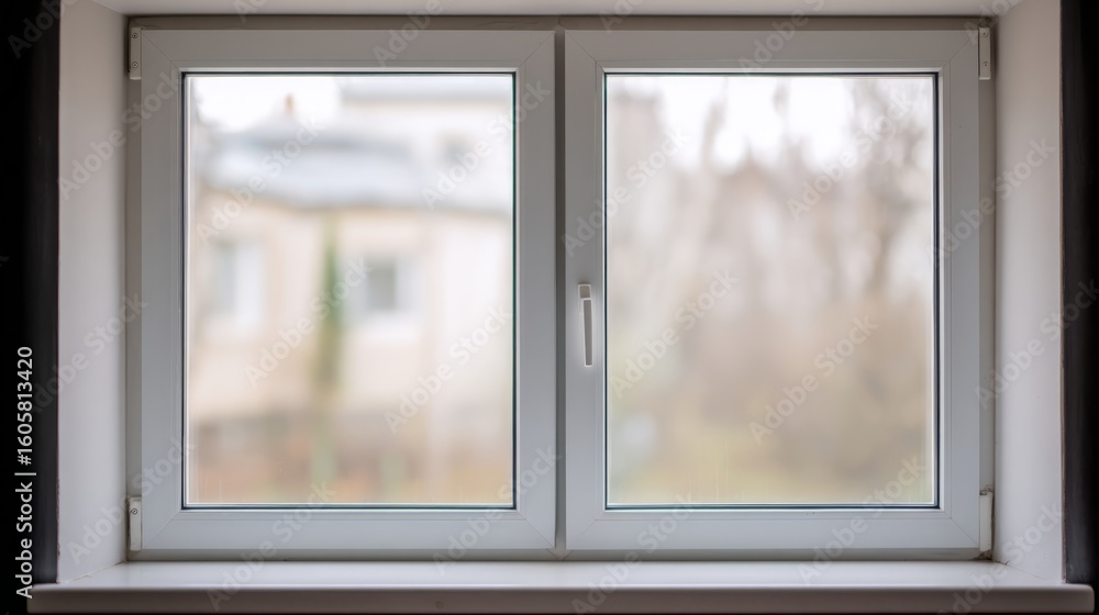 Fototapeta premium Minimalist white window frame with translucent panels filtering soft daylight. 