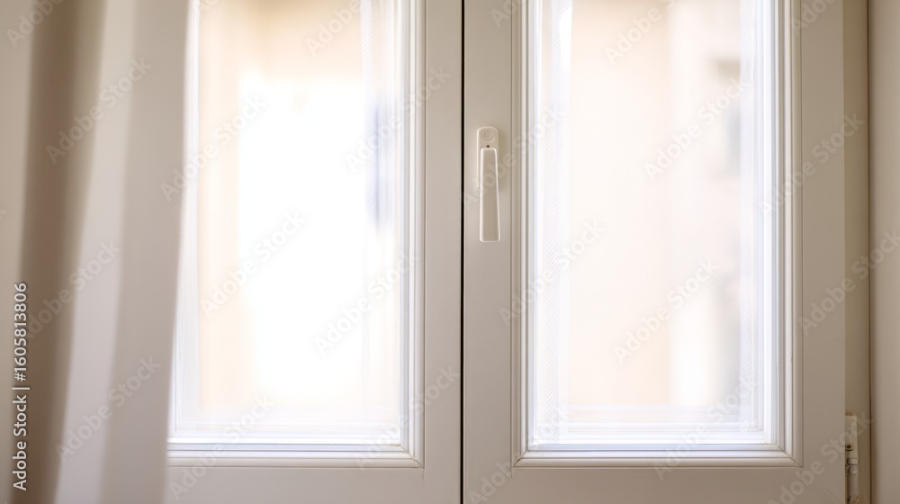 Fototapeta premium Minimalist white window frame with translucent panels filtering soft daylight. 