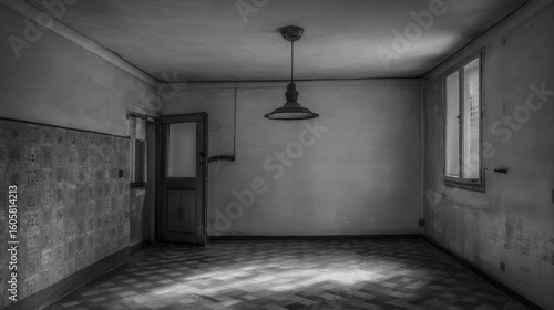 Interior view of an empty room with a window, white walls, and a new wood floor