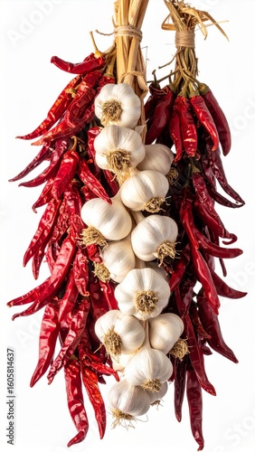 Hanging Bunch of Red Chili Peppers and Garlic Bulbs on White Background