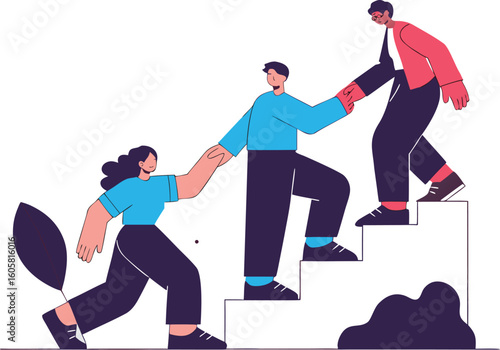 Employees giving hands and helping colleagues to walk upstairs. Team giving support, growing together. Vector illustration for teamwork, mentorship, cooperation concept