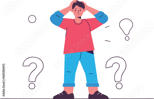 Confused man with questions and ideas, symbolizing problem solving in business, marketing, or creative projects needing innovative solutions and fresh perspectives