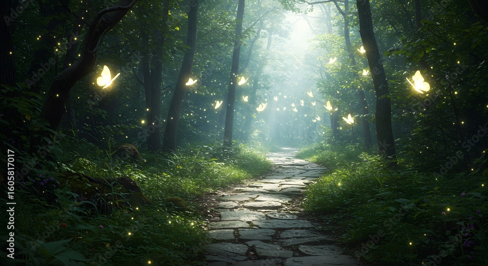 Obraz premium Enchanted Forest Altar Sunbeams and Magical Butterflies