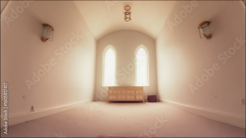 Empty corridor inside an old castle, a new mosque, or a church, with a vaulted ceiling and an open door