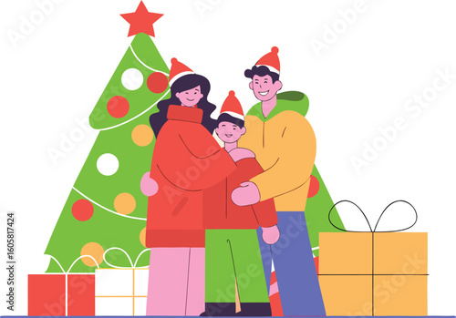 Cheerful family celebrating Christmas together, exchanging gifts and creating cherished memories around the decorated tree this holiday season with love