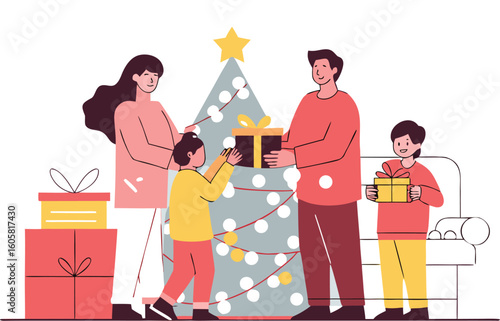 Delightful family celebrating Christmas together with gifts around a decorated tree, creating a warm, loving, and festive holiday scene of togetherness