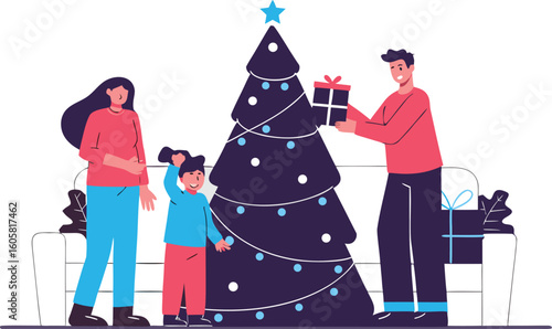 Happy family exchanging gifts by the Christmas tree, celebrating the holidays together at home in a cozy atmosphere, spreading joy and love this season