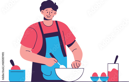 Man in apron cheerfully mixing batter, perfect for illustrating cooking blogs, recipe websites, culinary schools, or articles on healthy eating and home baking