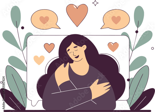 Loving woman embracing herself with hearts, radiating self-care and warmth, perfect for wellness blogs and mental health campaigns