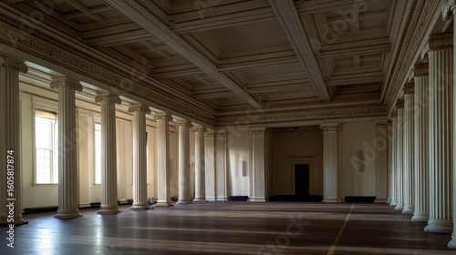 Perspective of a long, stone corridor with arches and columns inside an old building