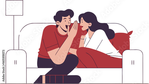 Man and woman talking, gossiping, whispering secrets, telling news on the sofa. Flat style cartoon vector illustration