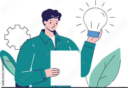 Man holding blank paper concept. Male entrepreneur with document in his hands comes up with new ideas for business and solves problems. Successful employee of company. Cartoon flat vector illustration