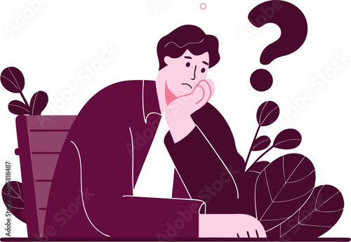 Man With Serious Expression Sitting On Wooden Chair Looks Pensive And Reflective. Middle-aged Male Character Thinking Search Solution Isolated On A White Background. Cartoon People Vector Illustration
