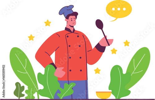 Inspiring chef cooking with passion, innovative culinary artist creating new recipe with spoon, a flavorful dish concept, food blogger, restaurant promotion