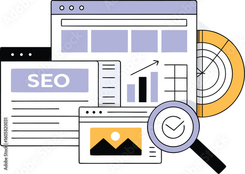 Search result optimization SEO marketing analytics flat vector banner with icons. SEO performance, targeting and monitoring, search results website templates. Modern website concept business solutions