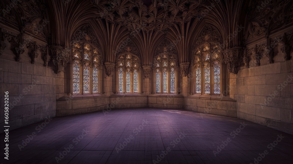 Obraz premium Gothic Architectural Interior: A stunning gothic interior showcasing intricate stone carvings, arched windows, and ornate architectural details.
