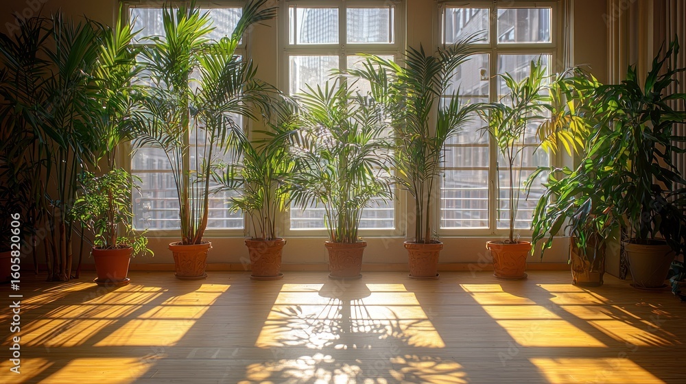 Fototapeta premium Sun-drenched room with lush indoor plants