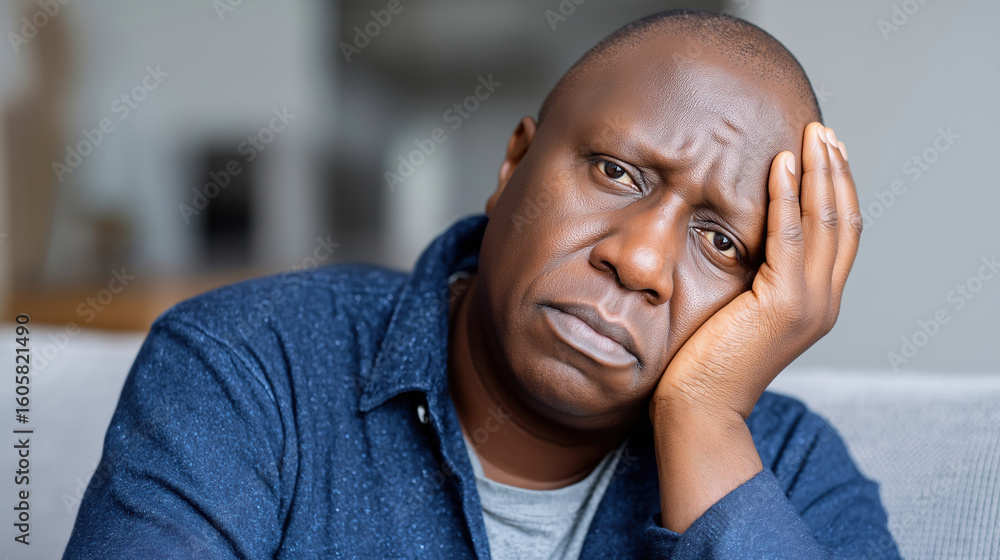 Fototapeta premium Emotional man resting head on hand while deep in thought indoors