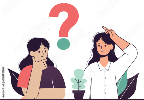 Thinking woman character. Question. Girl solves a problem. Woman with question mark. Cartoon vector illustration