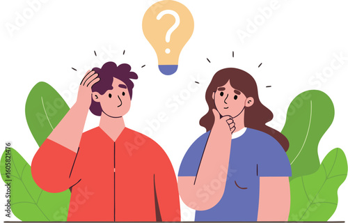  Thinking woman character. Question. Girl solves a problem. Woman with question mark. Cartoon vector illustration 