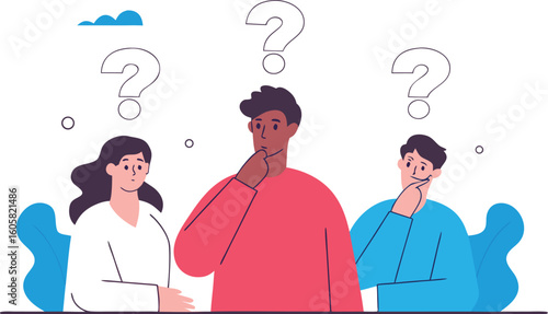 Thoughtful characters with question marks solving problems or searching solutions. Problem solving and choice. Smart man thinking or puzzled. Frequently asked questions concept. Business thinking 