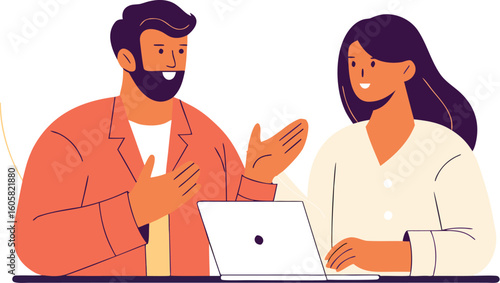 Vector flat modern illustration of a man talking to a young woman with laptop. Isolated on background