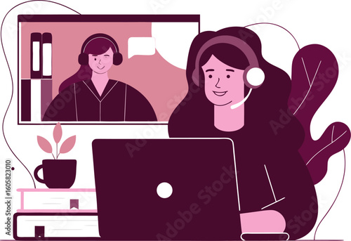 Stylish woman video conferencing with a colleague, working remotely on a laptop with headset, a modern vector art illustration for business and technology themes