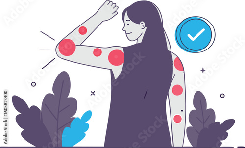 Effective eczema treatment shows a woman with relief from skin inflammation and itching, marked by a blue check, offering hope for dermatology patients
