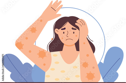 Worried woman with viral rash experiencing skin irritation and discomfort, seeking medical help for contagious disease with visible spots on arms and body