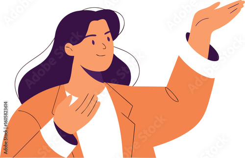 Stylish woman presenting a modern idea or concept with elegant gesture, radiating confidence and charm in a dynamic presentation