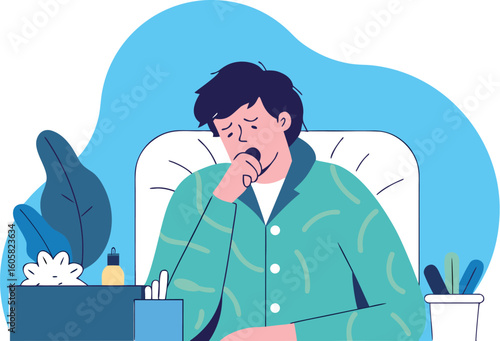 Young ill man cough isolated. Vector flat style cartoon illustration