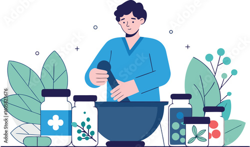 Apothecary crafting herbal medicine with mortar and pestle, blending natural remedies for holistic wellness and alternative therapies, vector art style