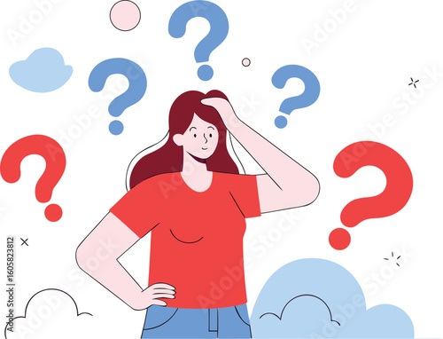  Young woman doubts and questioning everything. Young girl in casual clothes surrounded by a question mark. Flat cartoon vector illustration 