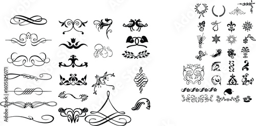 A vintage vector set of animal icons featuring floral elements and an ornate black swirl frame, perfect for heraldic design or retro tattoo art