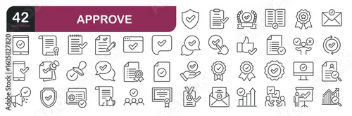 Set of line icons related to approve, accept, validation, legal, checkmark. Outline icons collection. Editable stroke.